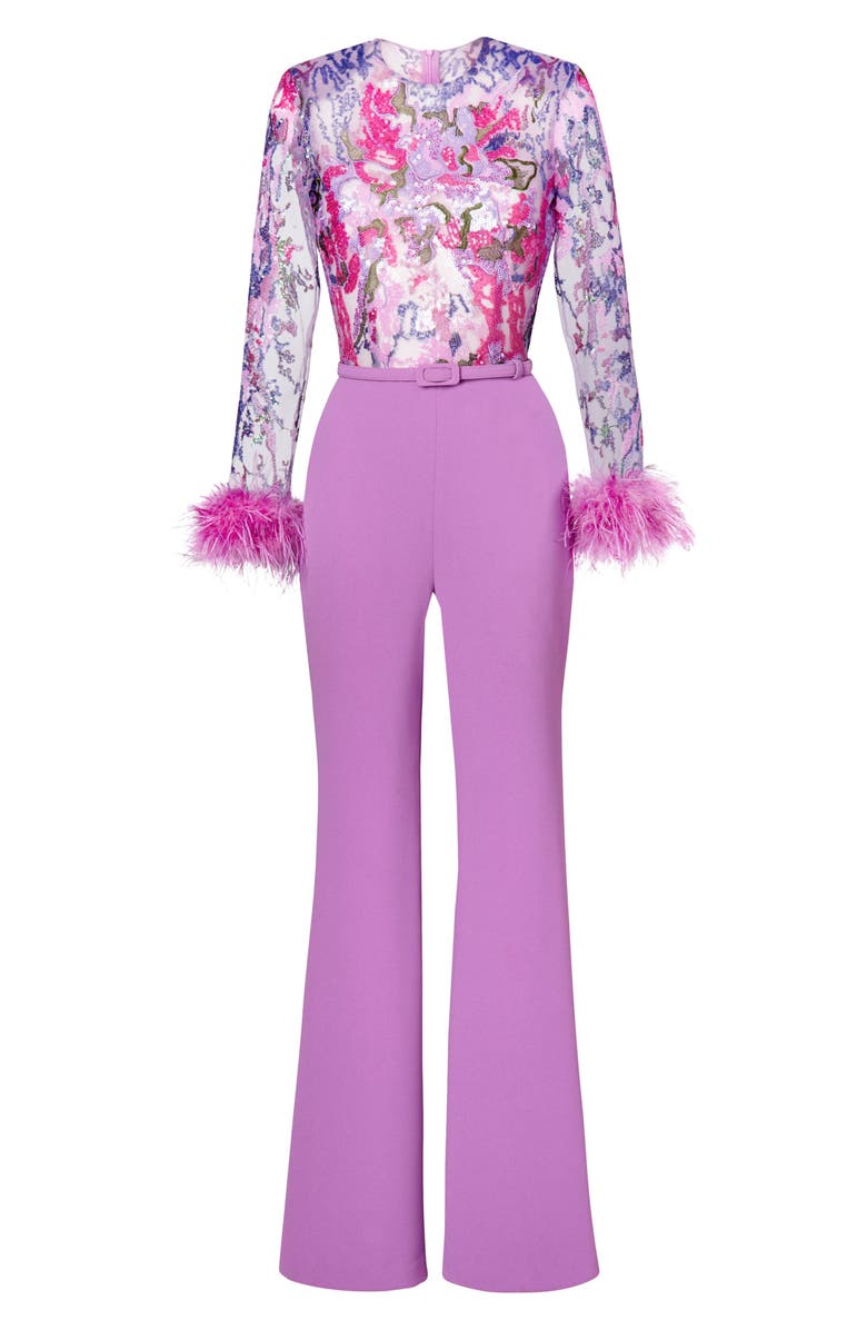 NADINE MERABI Michaela Ostrich & Turkey Feather Belted Long Sleeve Jumpsuit, Alternate, color, 