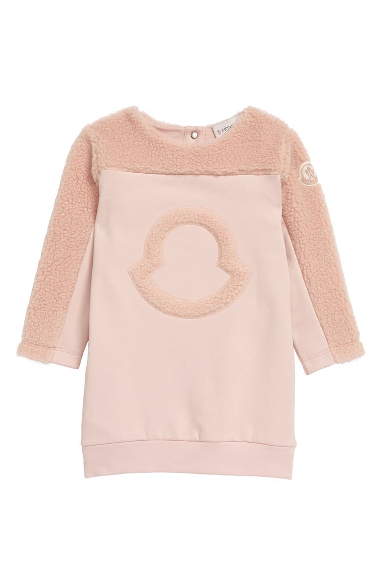 Moncler Logo Faux Shearling & Cotton Fleece Sweatshirt Dress, Main, color, 