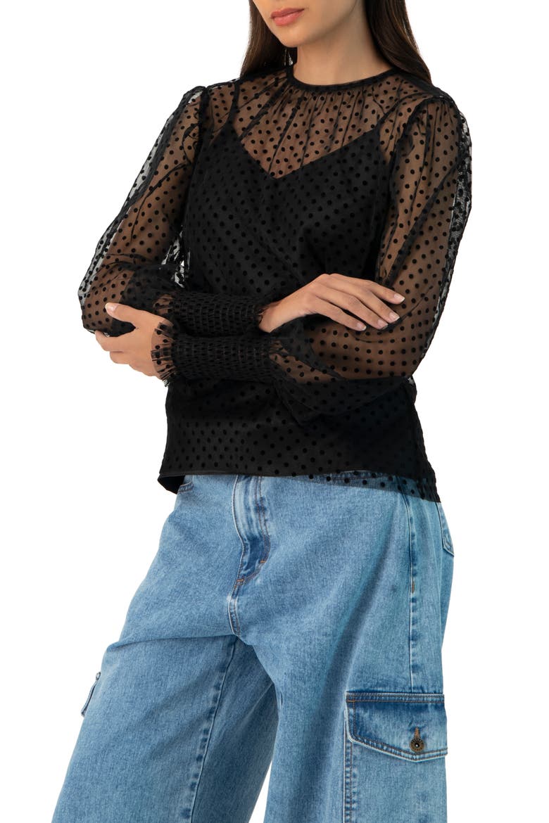 See- Though Polka Dot Smock Sleeve Blouse, Main, color, Black