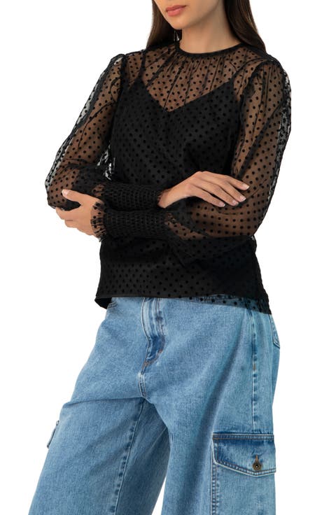 See- Though Polka Dot Smock Sleeve Blouse