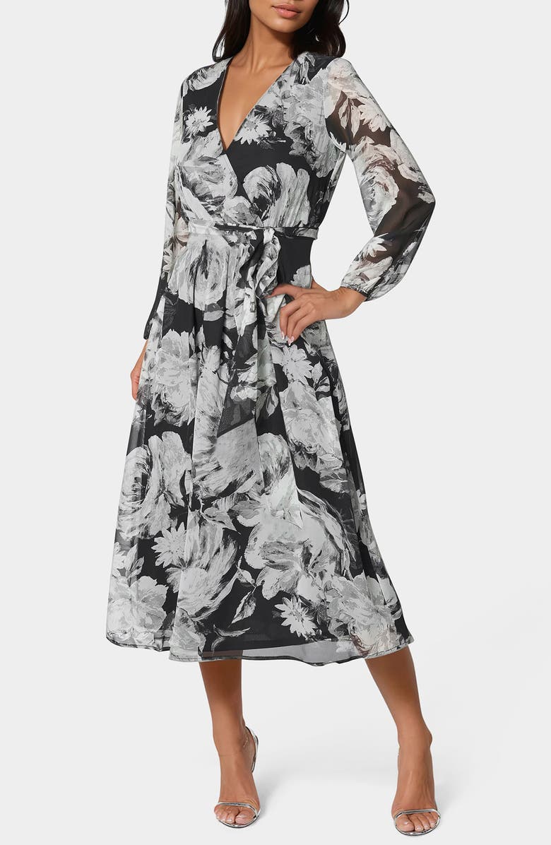 bebe Winter Floral Long Sleeve Chiffon Dress, Main, color, Black/ White