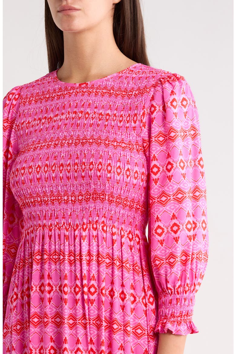 Mirany Ikat Ludlow Smocked Midi Dress, Alternate, color, FUCHSIA/RED