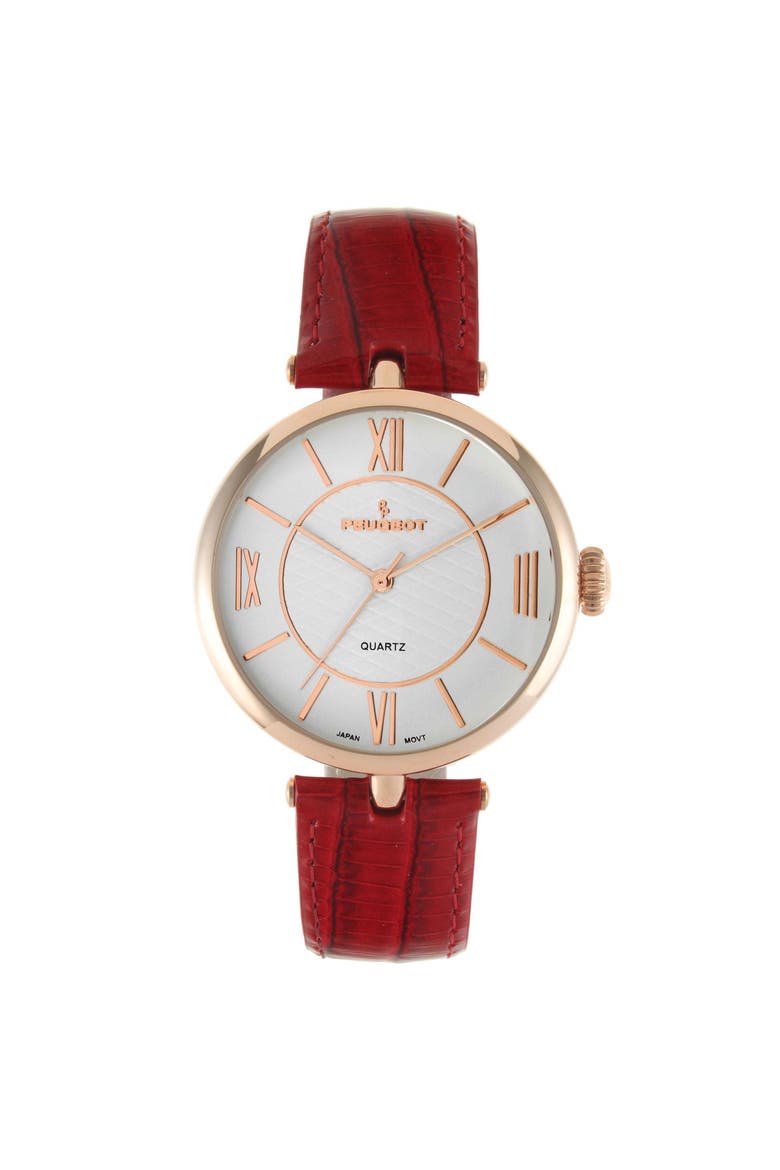 Round T Bar Leather Strap Watch- 38MM, Main, color, Red