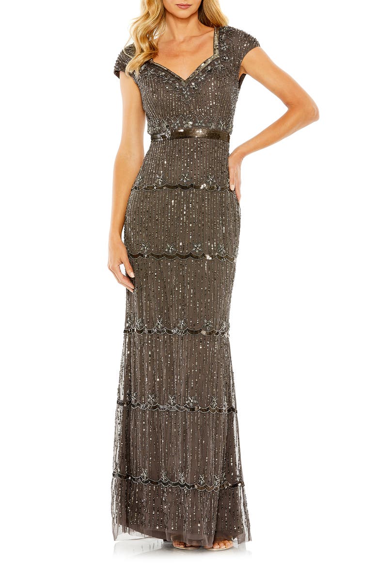 Cap Sleeve Embellished Column Gown, Main, color, CHARCOAL