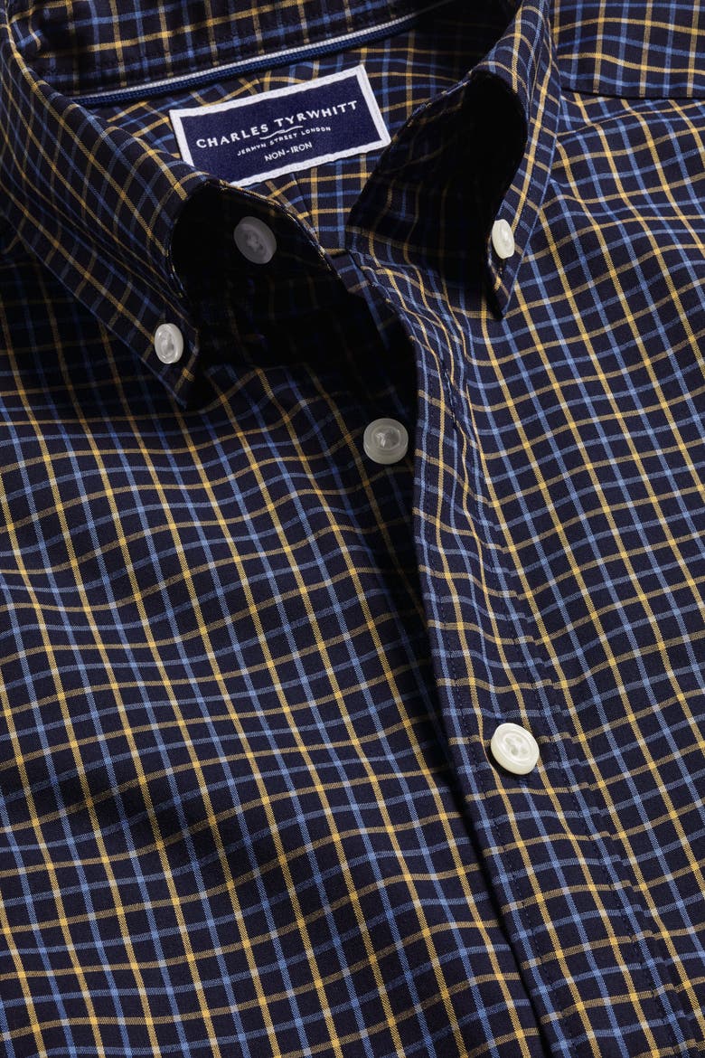 Slim Fit Button-Down Collar Non-Iron Stretch Poplin Check Shirt, Alternate, color, Gold
