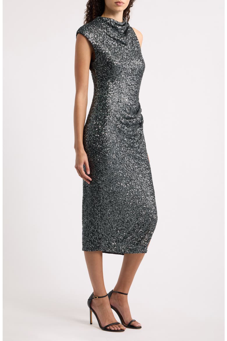 Enany Cowl Neck Sequin Midi Dress, Alternate, color, SILVER DARK GREY METALLIC