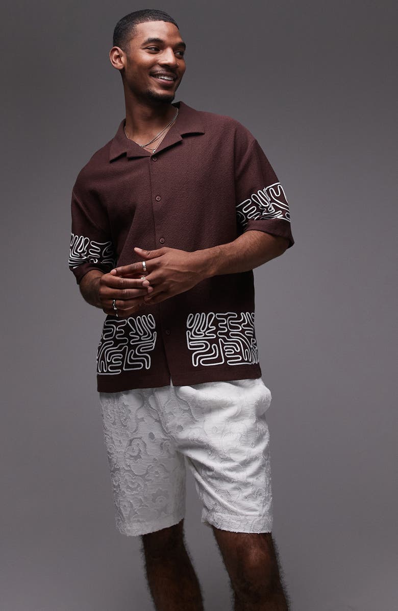 Topman Textured Knit Cotton Camp Shirt, Main, color, Brown