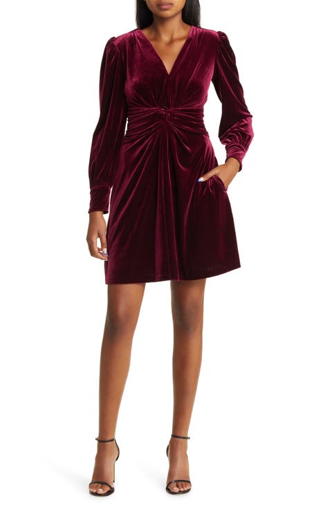 Twist Front Long Sleeve Velvet Fit & Flare Dress