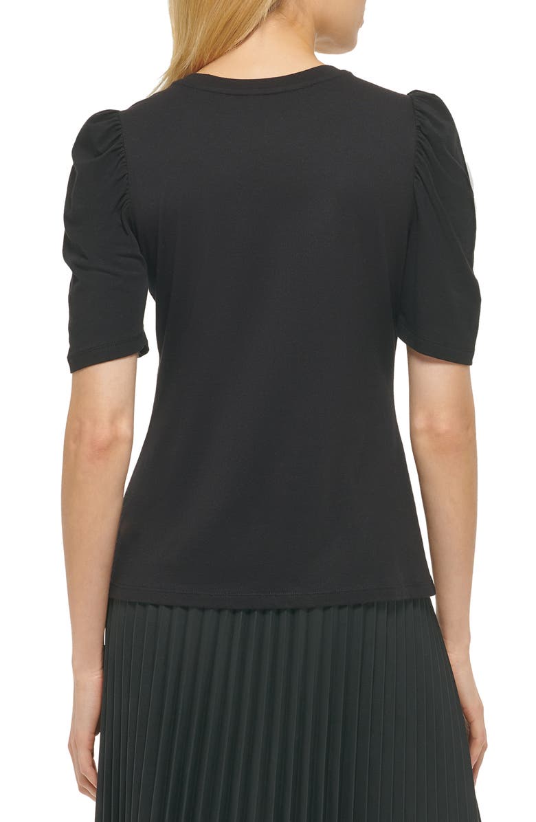DKNY Ruched Puff Sleeve Mixed Media Logo Top, Alternate, color, 