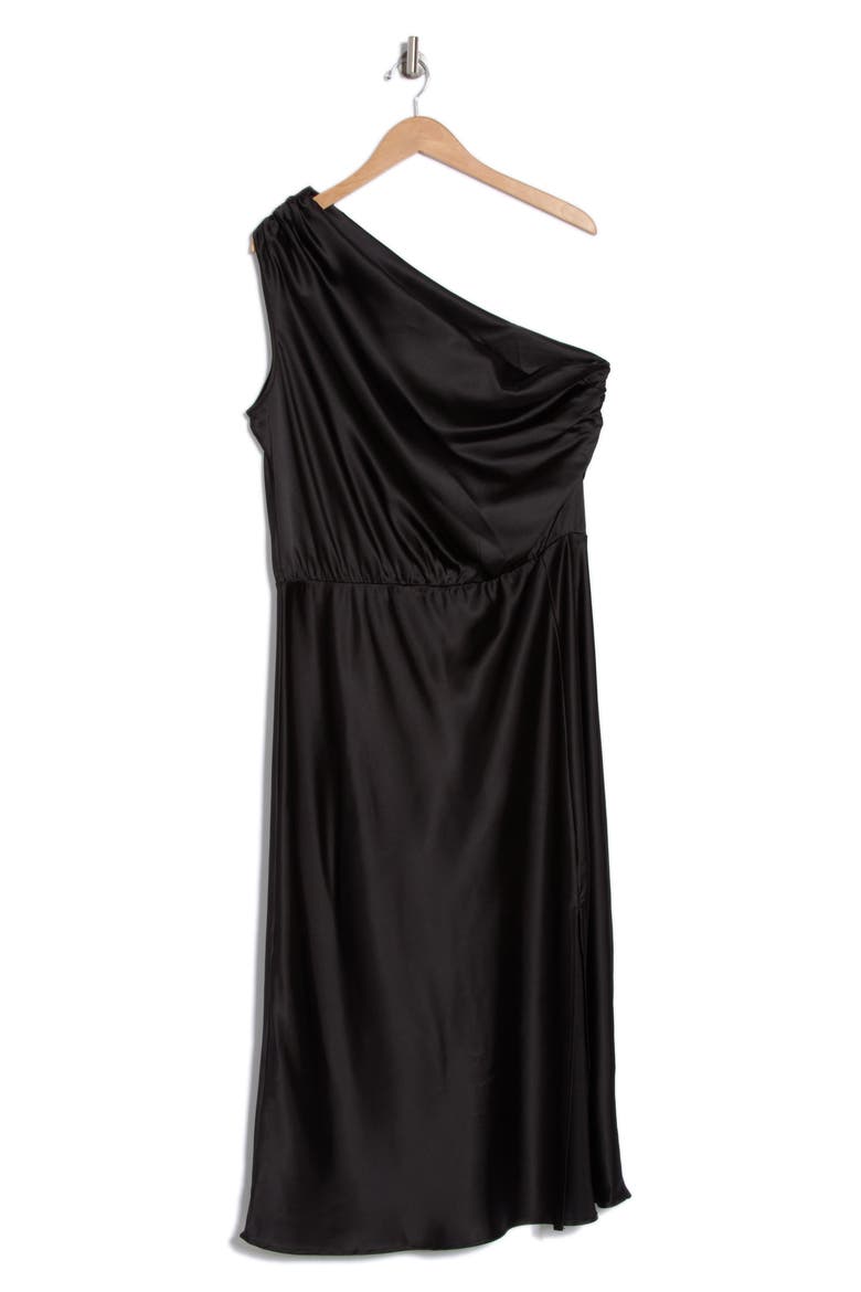 One-Shoulder Satin Midi Dress, Alternate, color, BLACK
