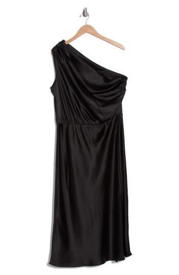 Shop Renee C One-shoulder Satin Midi Dress In Black