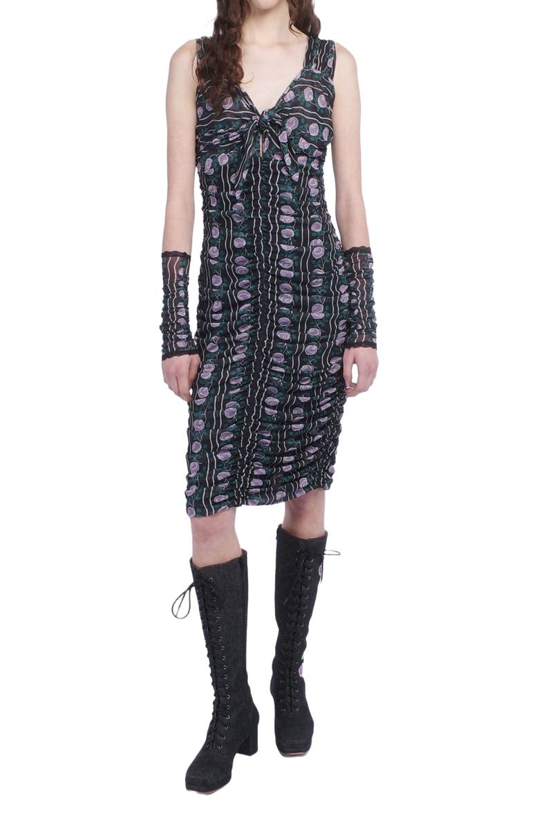 Anna Sui Rosetti Mesh Ruched Tie Dress, Main, color, Black/Lilac Multi