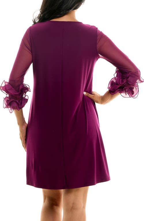 Nina Leonard Ruffle Mesh Sleeve Dress In Brown