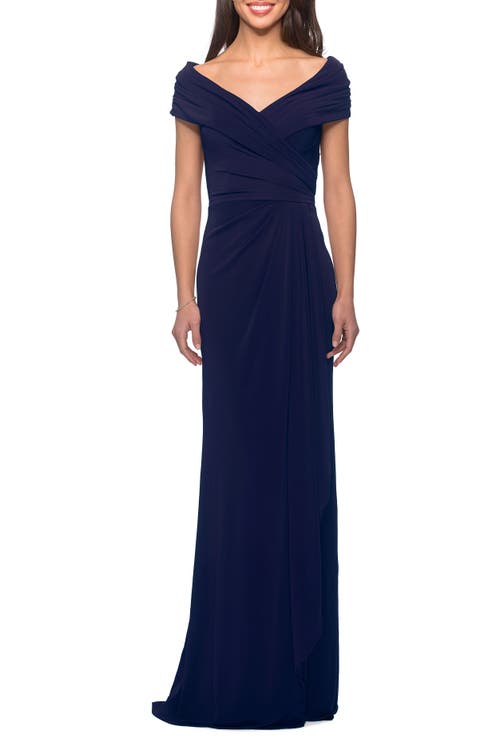 La Femme Ruched Jersey Long Gown With V-neckline