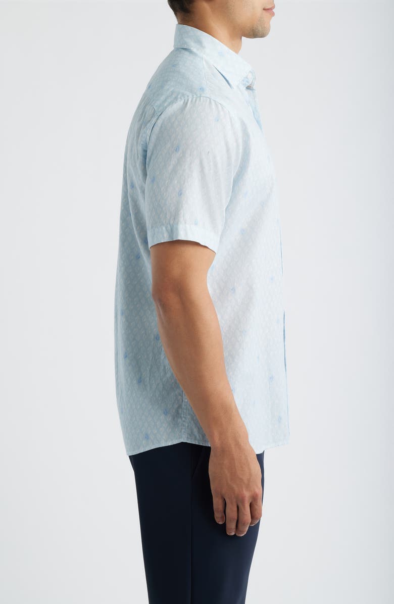 Peter Millar Whitehaven Abstract Print Short Sleeve Cotton & Lyocell Button-Up Shirt, Alternate, color, Stream Blue