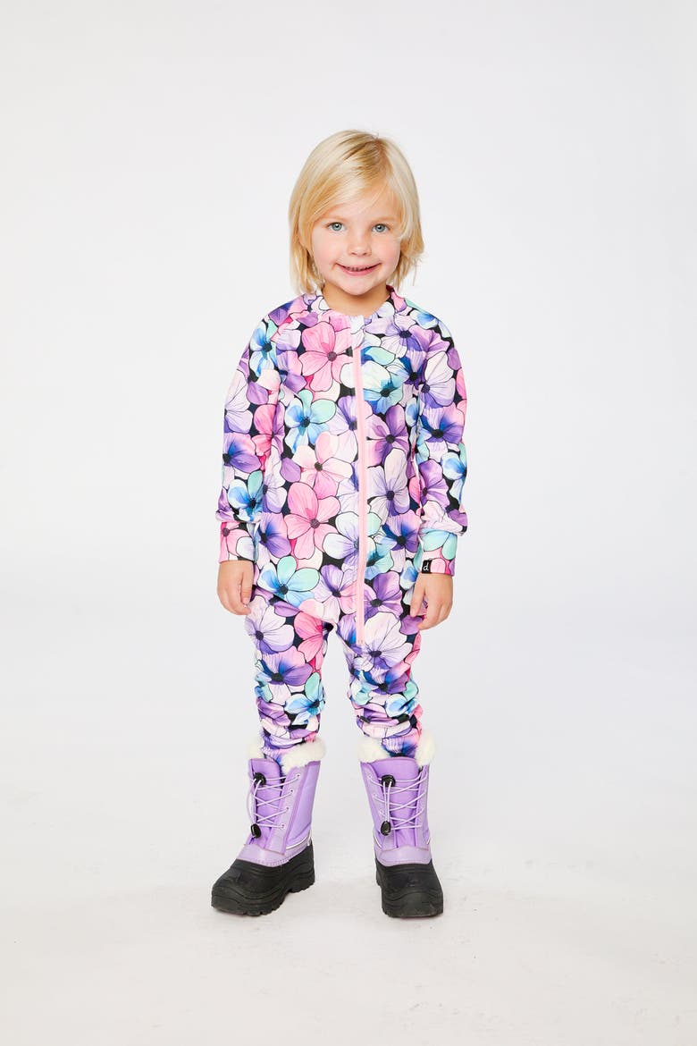 One Piece Floral Stretch Fleece Asymmetric Zip Thermal Underwear, Alternate, color, Purple Floral Print