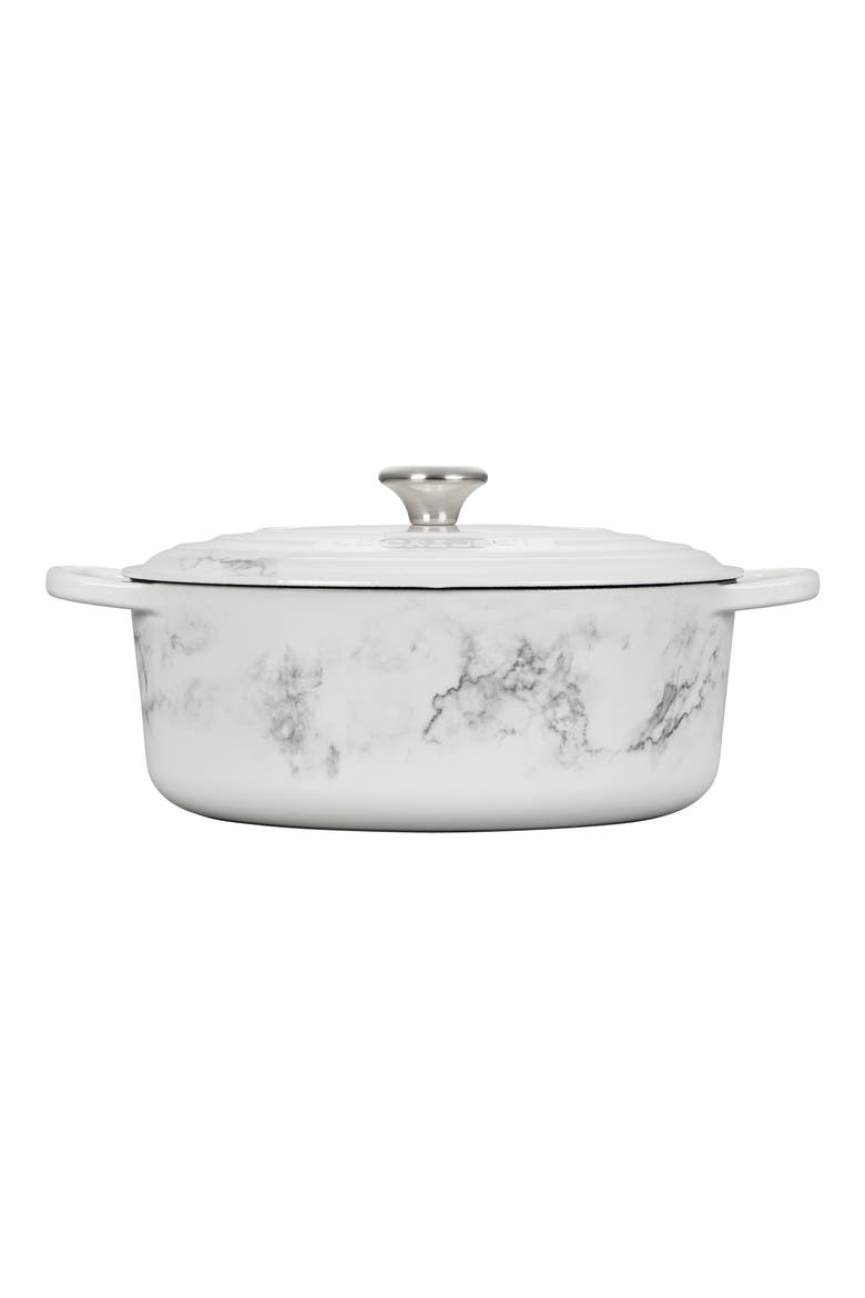 Signature 6.75-Quart Oval Enamel Cast Iron French/Dutch Oven with Lid, Alternate, color, WHITE MARBLE