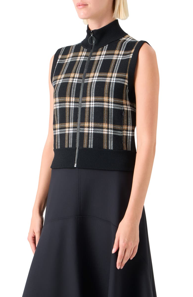 Akris punto Plaid Virgin Wool Zip Sweater Vest, Alternate, color, Black-Cream-Camel