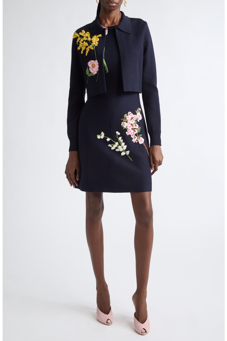 Mixed Botanical Embroidered Wool Knit Dress, Alternate, color, NAVY
