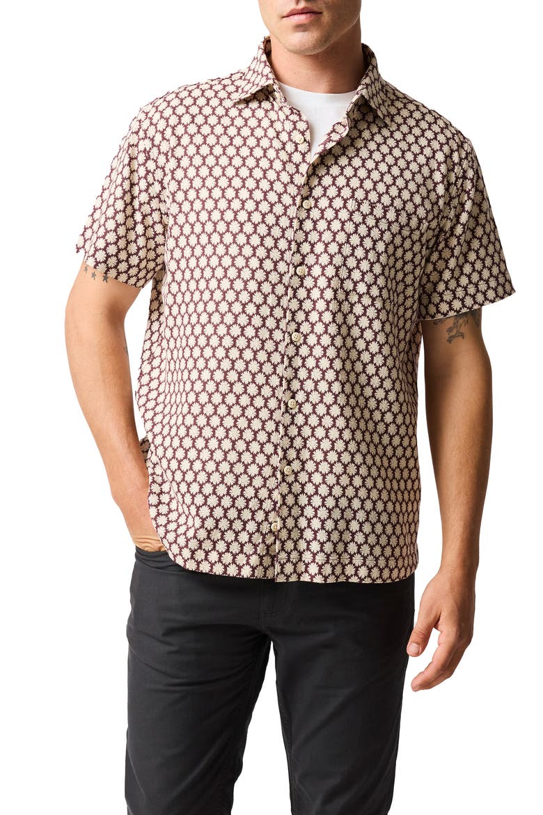 Nelson Creek Neat Floral Print Short Sleeve Cotton Button-Up Shirt, Main, color, BURGUNDY