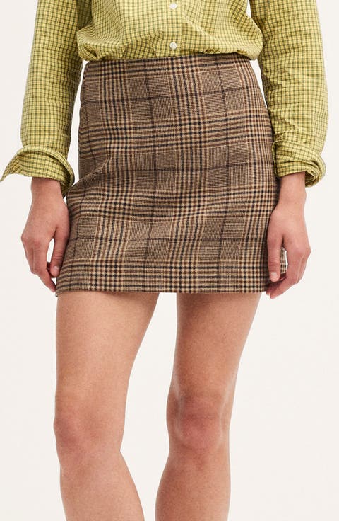Plaid Recycled Wool Blend A-Line Miniskirt