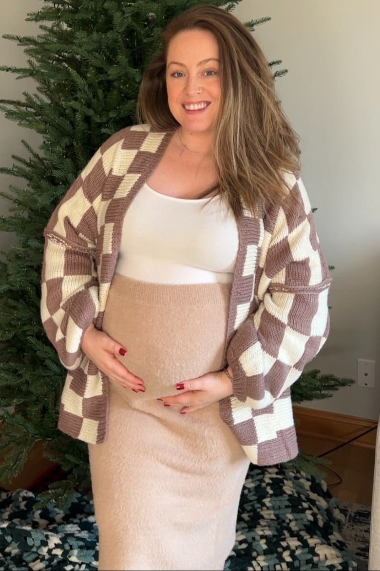 Checkered Print Oversized Cardigan, Alternate, color, Taupe