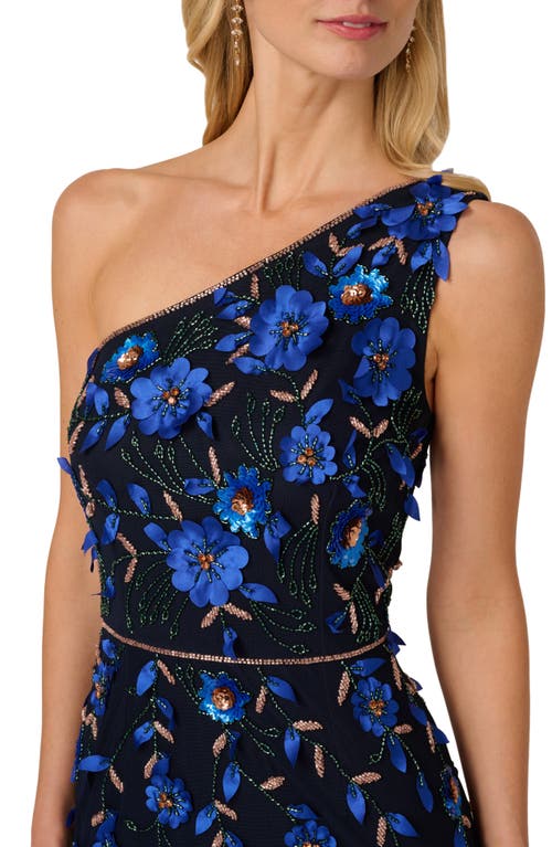 Adrianna Papell 3d Floral Beaded One-shoulder A-line Gown In Blue