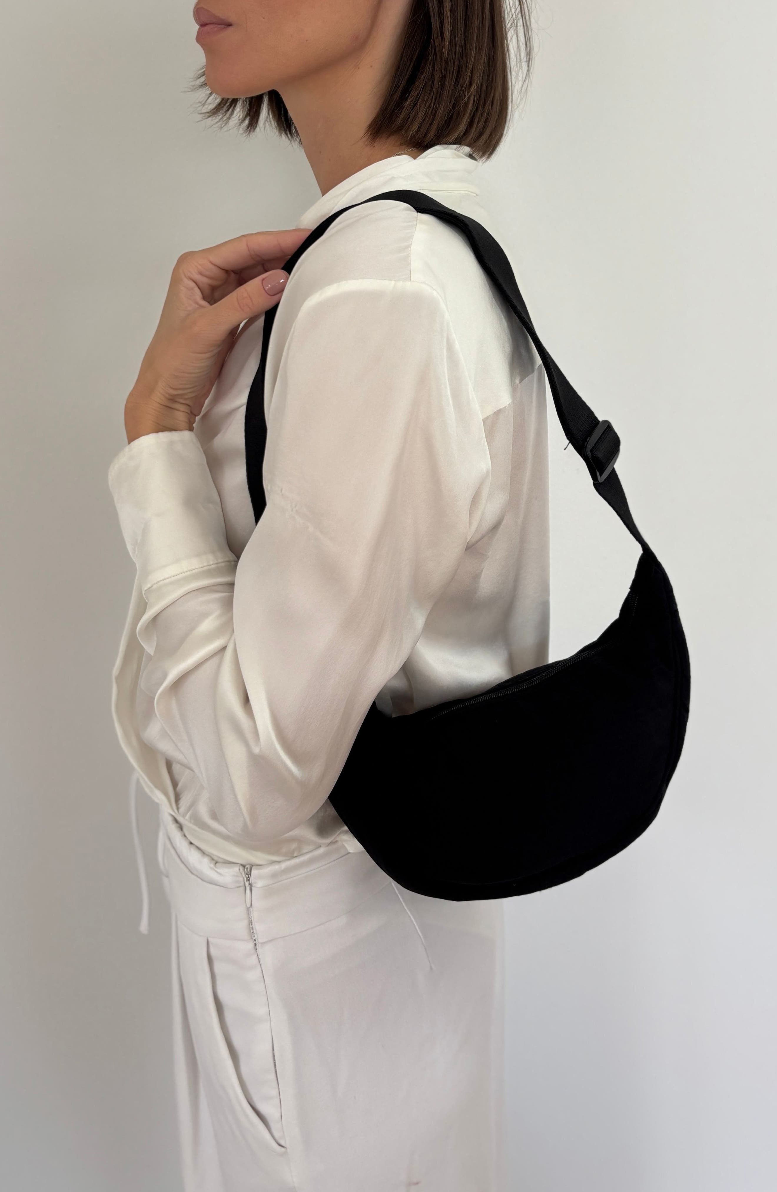 Adornia Black Sporty Adjustable Moon Bag, Alternate, color, Black