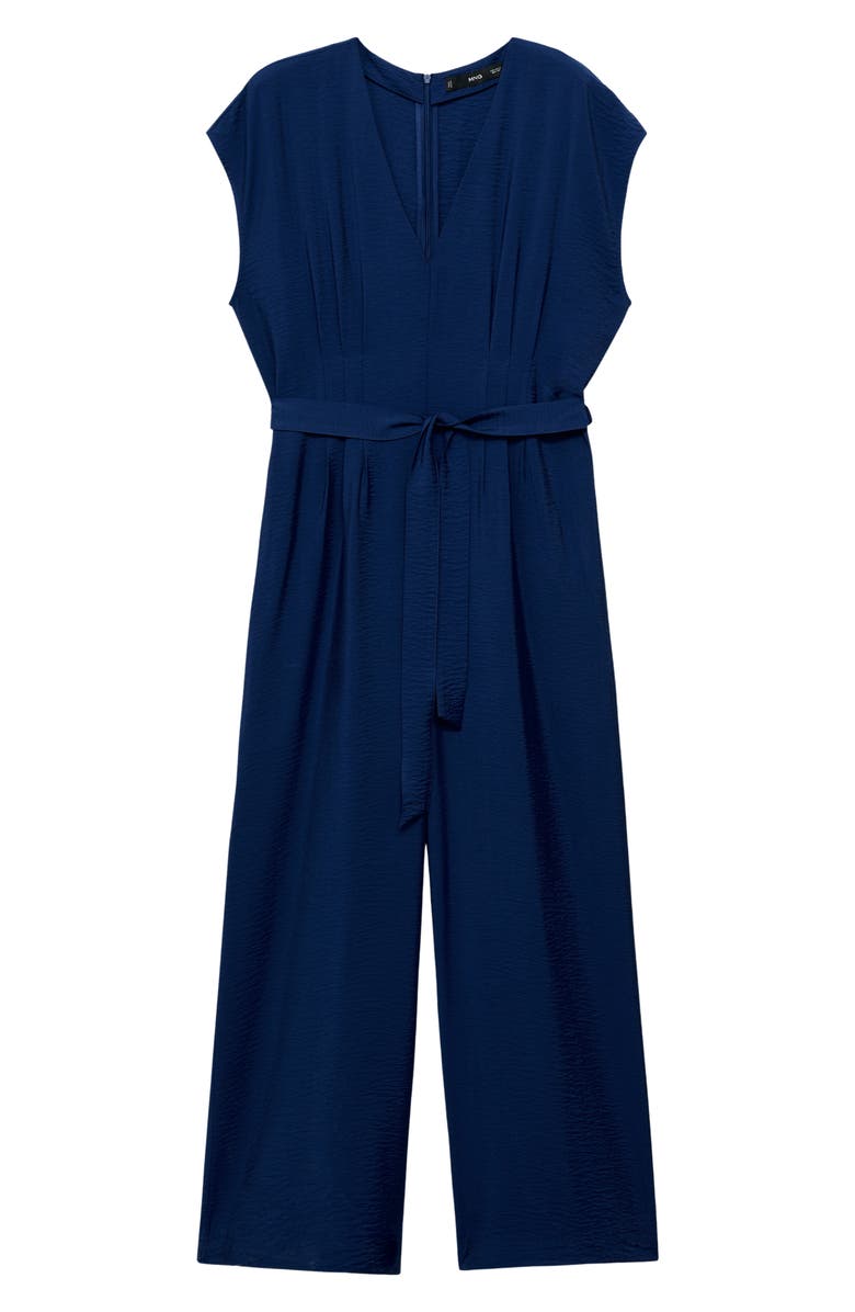MANGO Belted Hammered Satin Jumpsuit, Alternate, color, Ink Blue