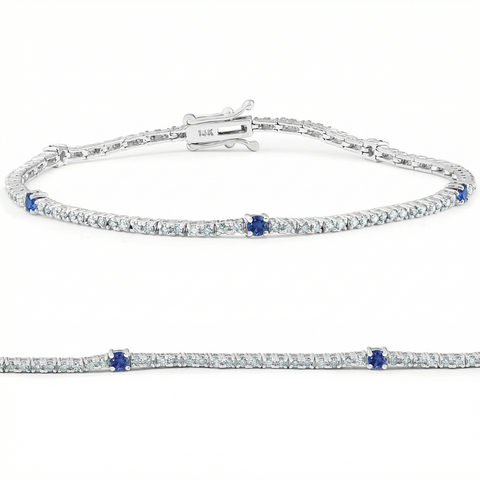 1 1/10 Ct Diamond & Blue Sapphire Tennis Bracelet 14k Gold 7" Lab Grown