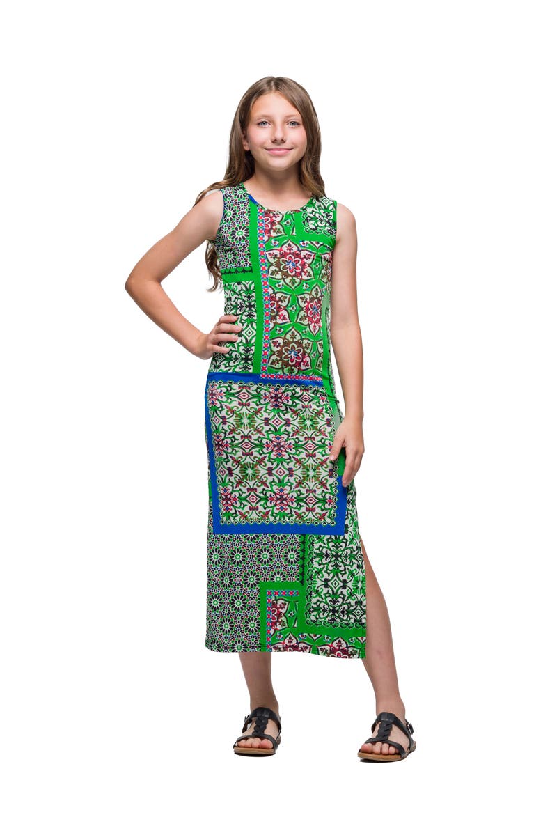 24sevenKid Green Scarf Print Side Slit Maxi Dress, Main, color, Green Multi