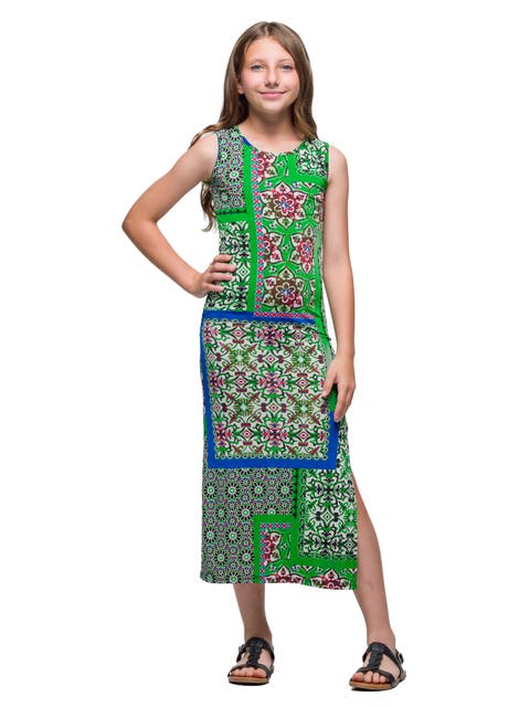 Green Scarf Print Side Slit Maxi Dress