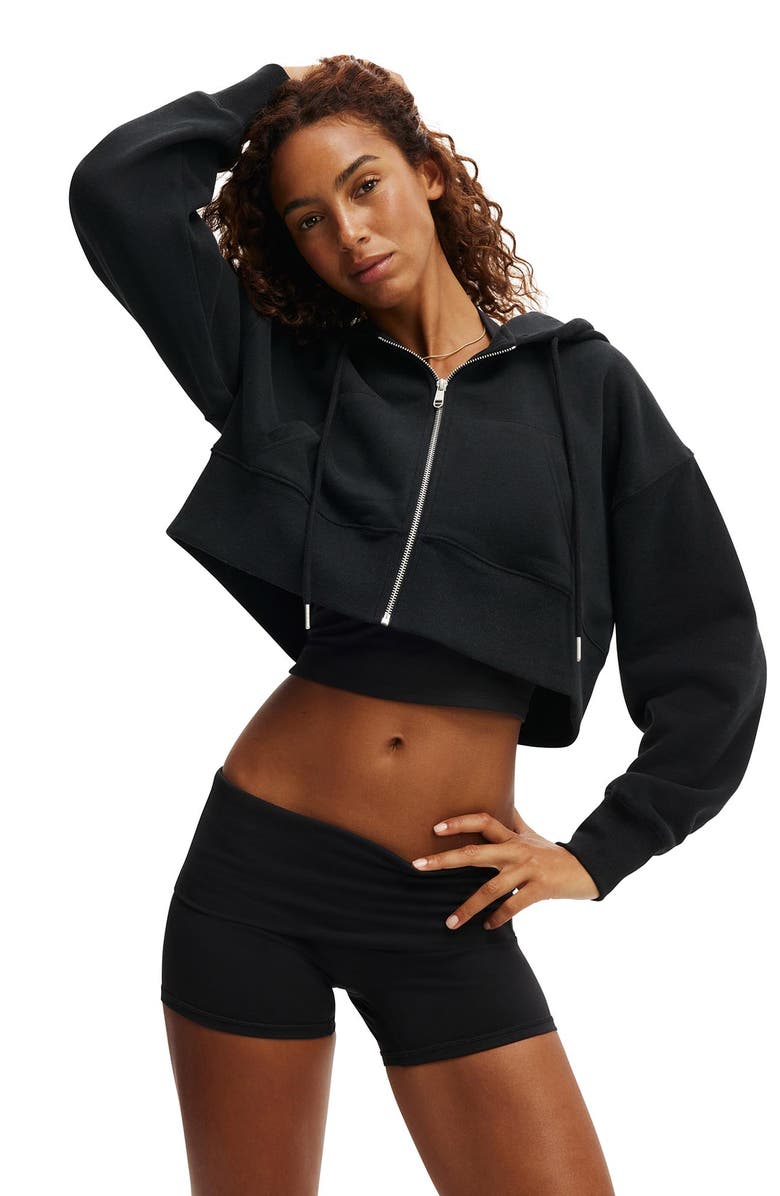 COTTON ON BODY Women's Active Plush Boxy Cropped Zip Through, Main, color, Black