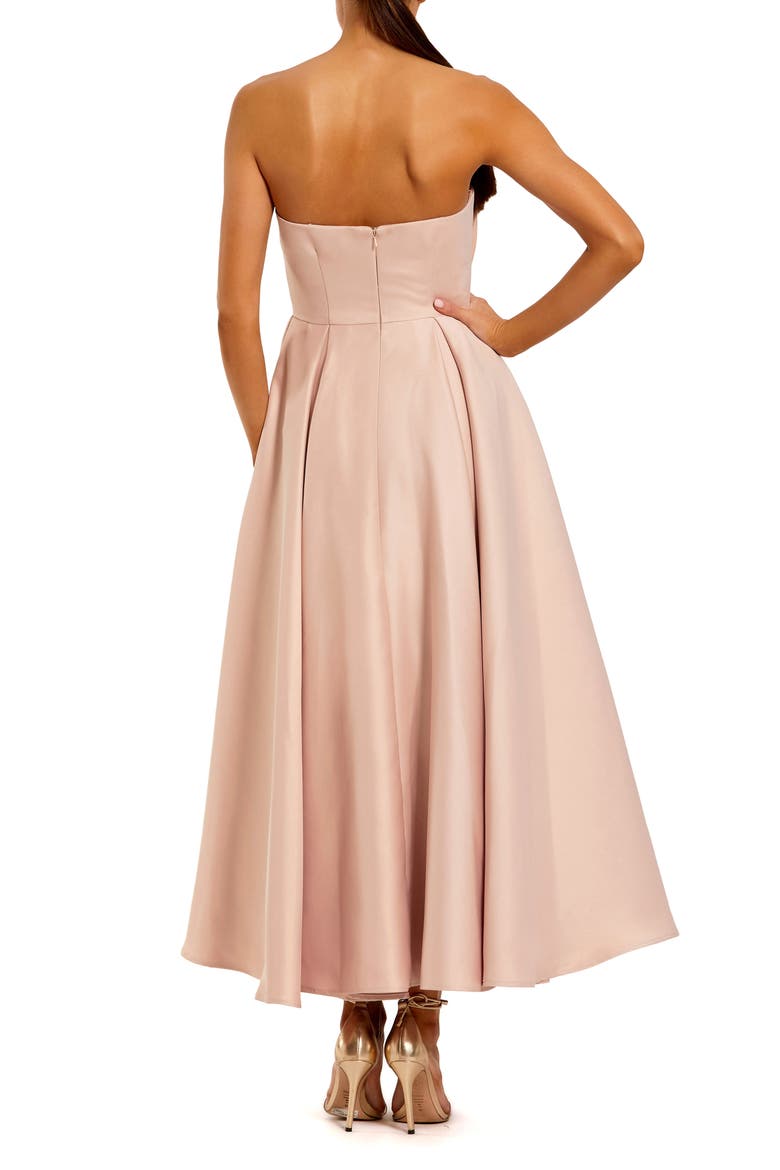 Women's Strapless Satin A Line Midi Dress With 3D Flower, Alternate, color, Rose Pink