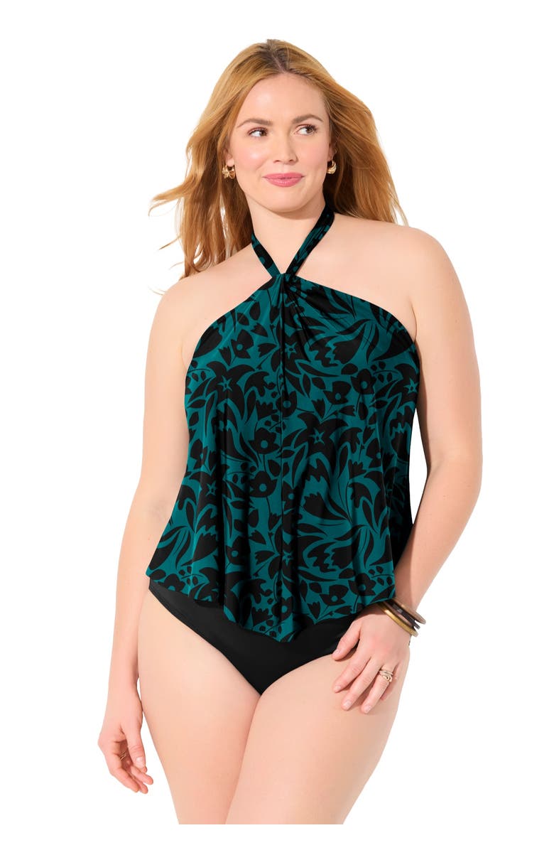 Swimsuits for All Lightweight Halter Tankini Top, Main, color, Black Mediterranian Flowers