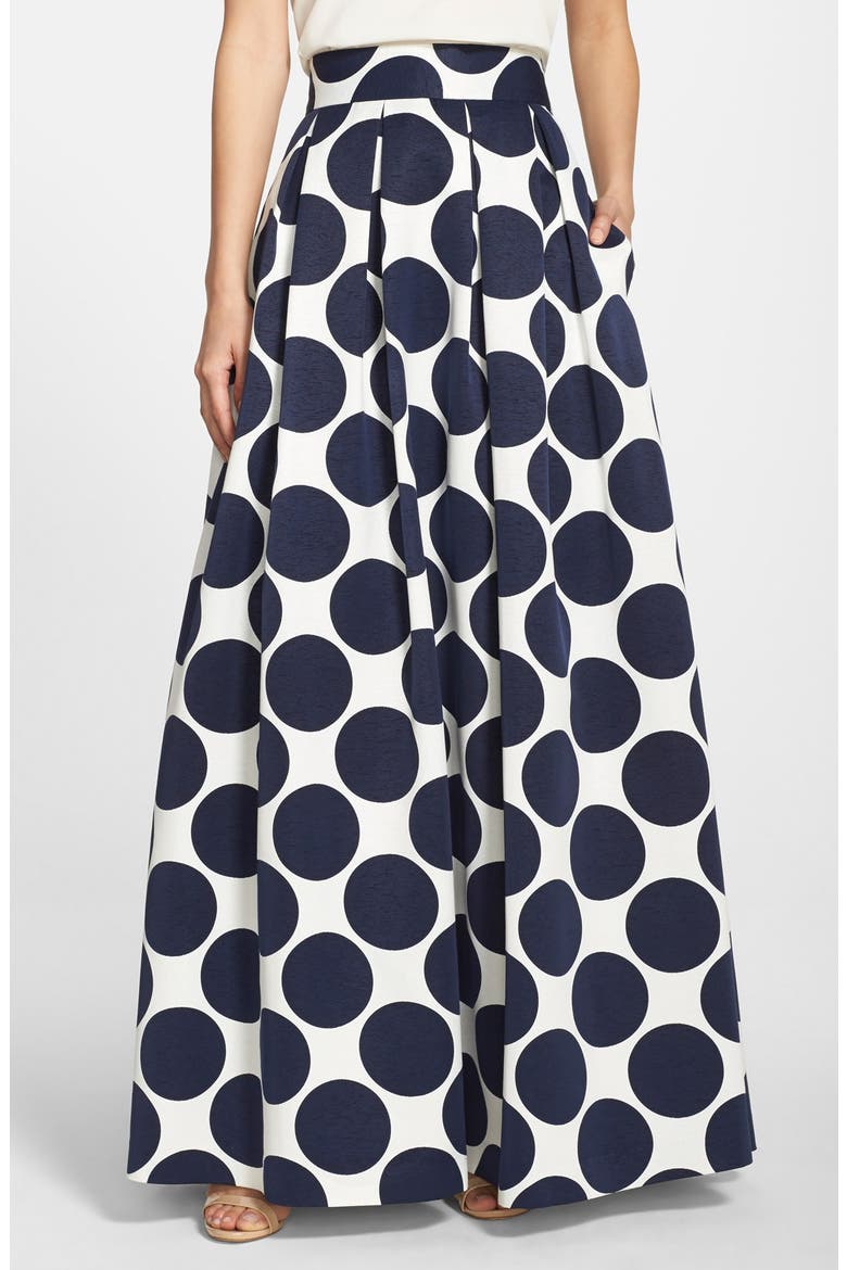 Pleated Dot Print Ball Skirt, Main, color, NAVY/ IVORY