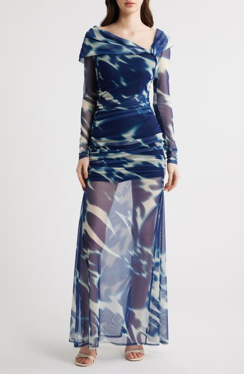 Dina Long Sleeve Ruched Mesh Maxi Dress