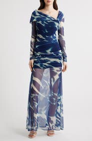 Black Halo Dina Long Sleeve Ruched Mesh Maxi Dress