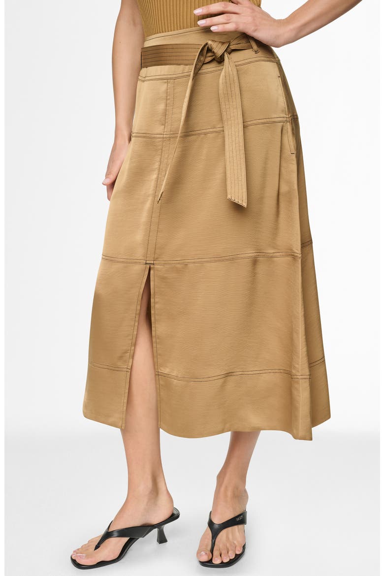 Tie Waist Contrast Stitch Midi Skirt, Alternate, color, DUNE