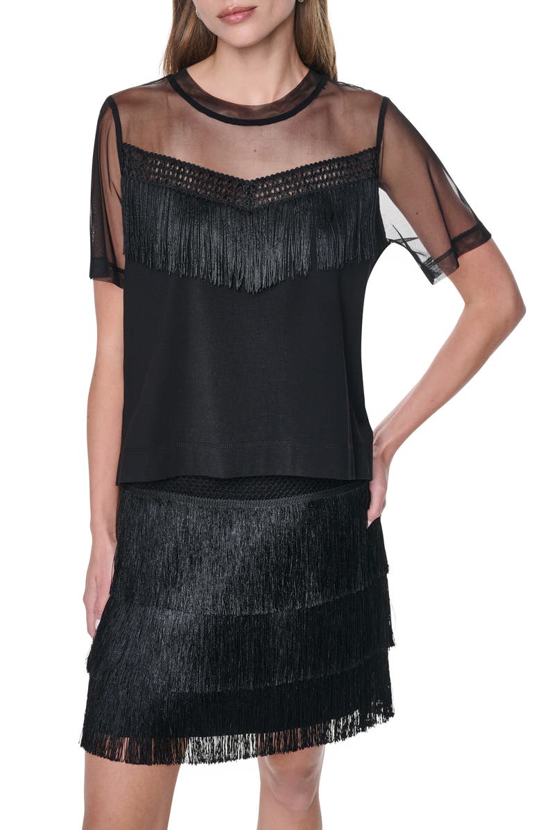 DKNY Fringe Detail Cotton Blend Mesh Top, Alternate, color, Black