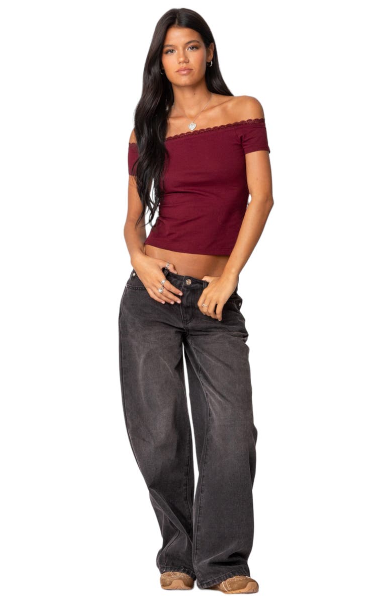 EDIKTED XOE Lace Trim Off the Shoulder Crop Top, Alternate, color, Burgundy