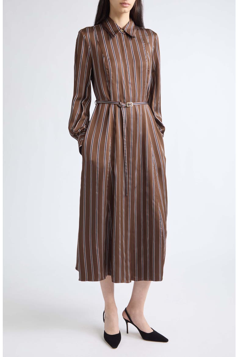 Stripe Long Sleeve Satin Midi Shirtdress, Main, color, BROWN MULTI