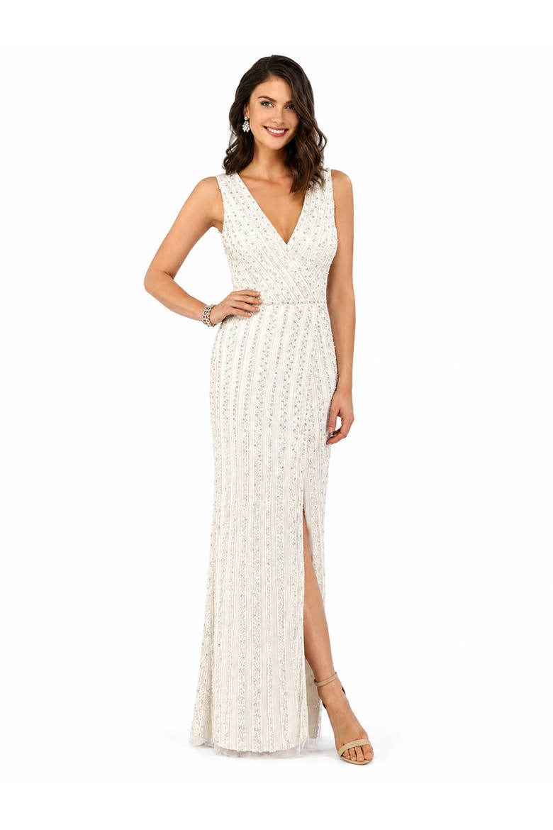 Beaded Faux-Wrap V-Neck Bridal Gown, Main, color, White