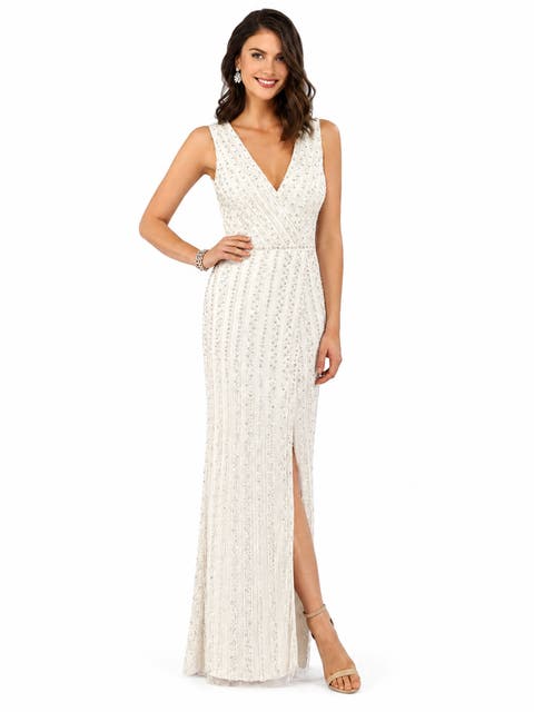 Beaded Faux-Wrap V-Neck Bridal Gown