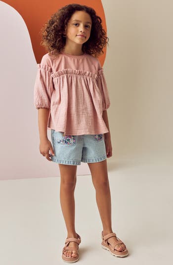 Kids' Floral Embroidery Stripe Denim Shorts
