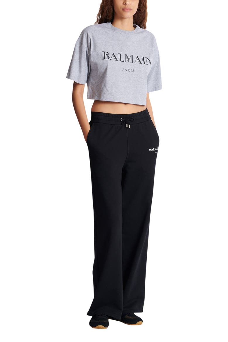 Boxy Cropped T-Shirt with Balmain Print, Main, color, grey