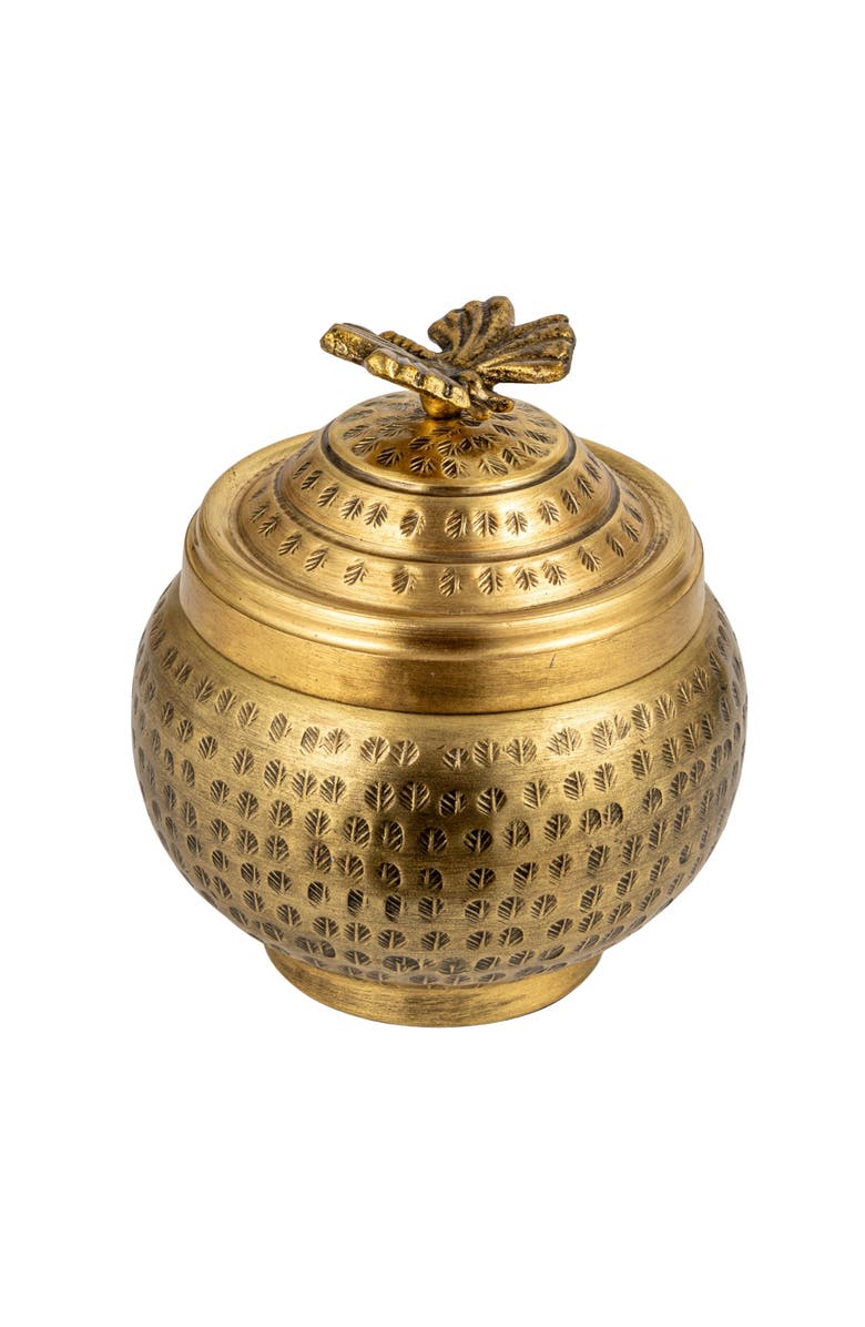 Storied Home Round Hammered Metal Container with Butterfly Finial, Brass Finish, Main, color, Gold