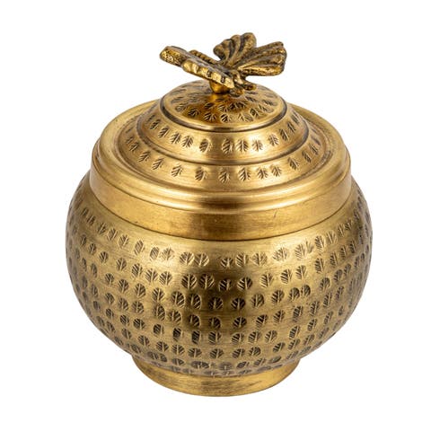 Round Hammered Metal Container with Butterfly Finial, Brass Finish