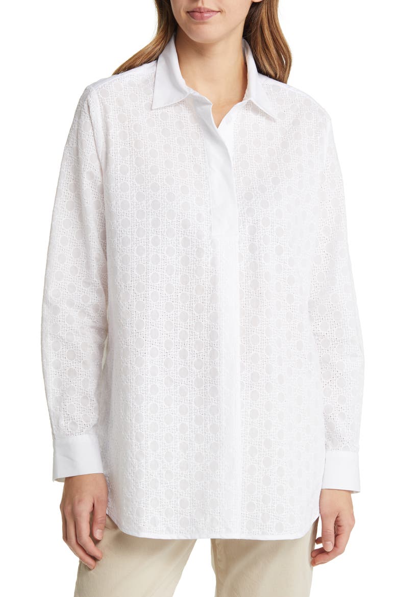 Geneo Cotton Eyelet Button-Up Shirt, Main, color, WHITE