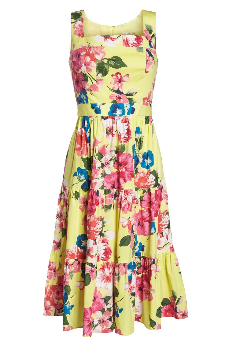 Square Neck Floral Tiered Fit & Flare Midi Dress, Alternate, color, YELLOW/ PINK